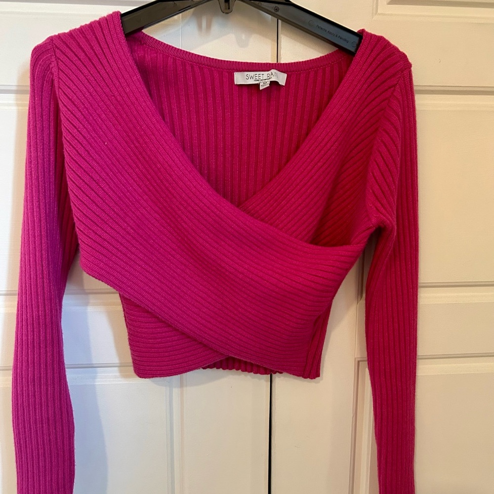 Pink Ribbed Wrap Sweater - Picture 1 of 4